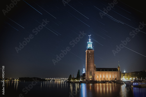 Canvas Print Star trails over Stockholm City Hall, Stockholm, Sweden