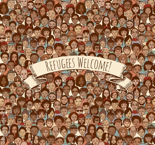 Refugees Welcome! - Handgezeichneter Hintergrund (Endlosmuster) mit vielen Menschen unterschiedlicher Herkunft und Schriftbanner
