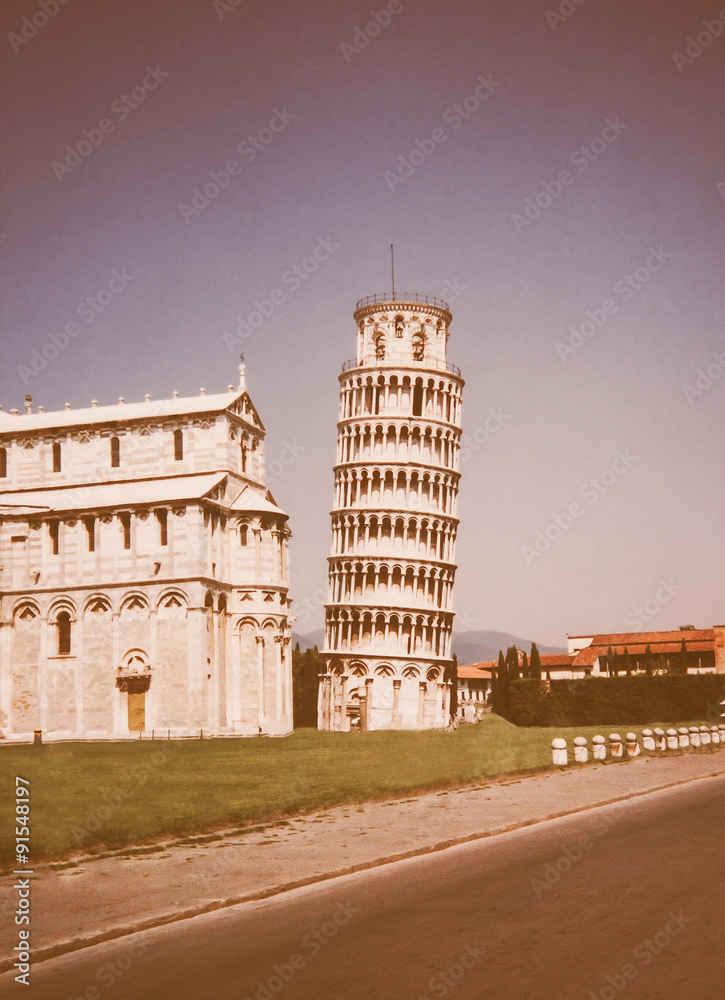 Retro looking Pisa tower in Italy