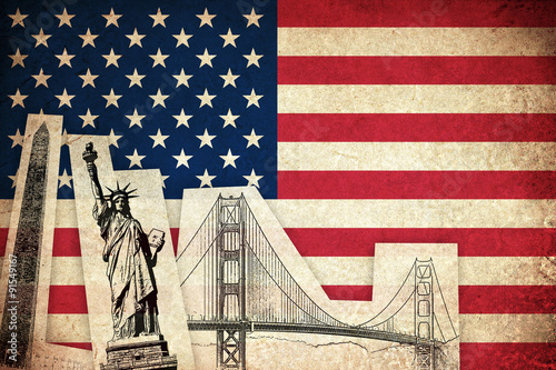 Grunge Flag of USA with monuments