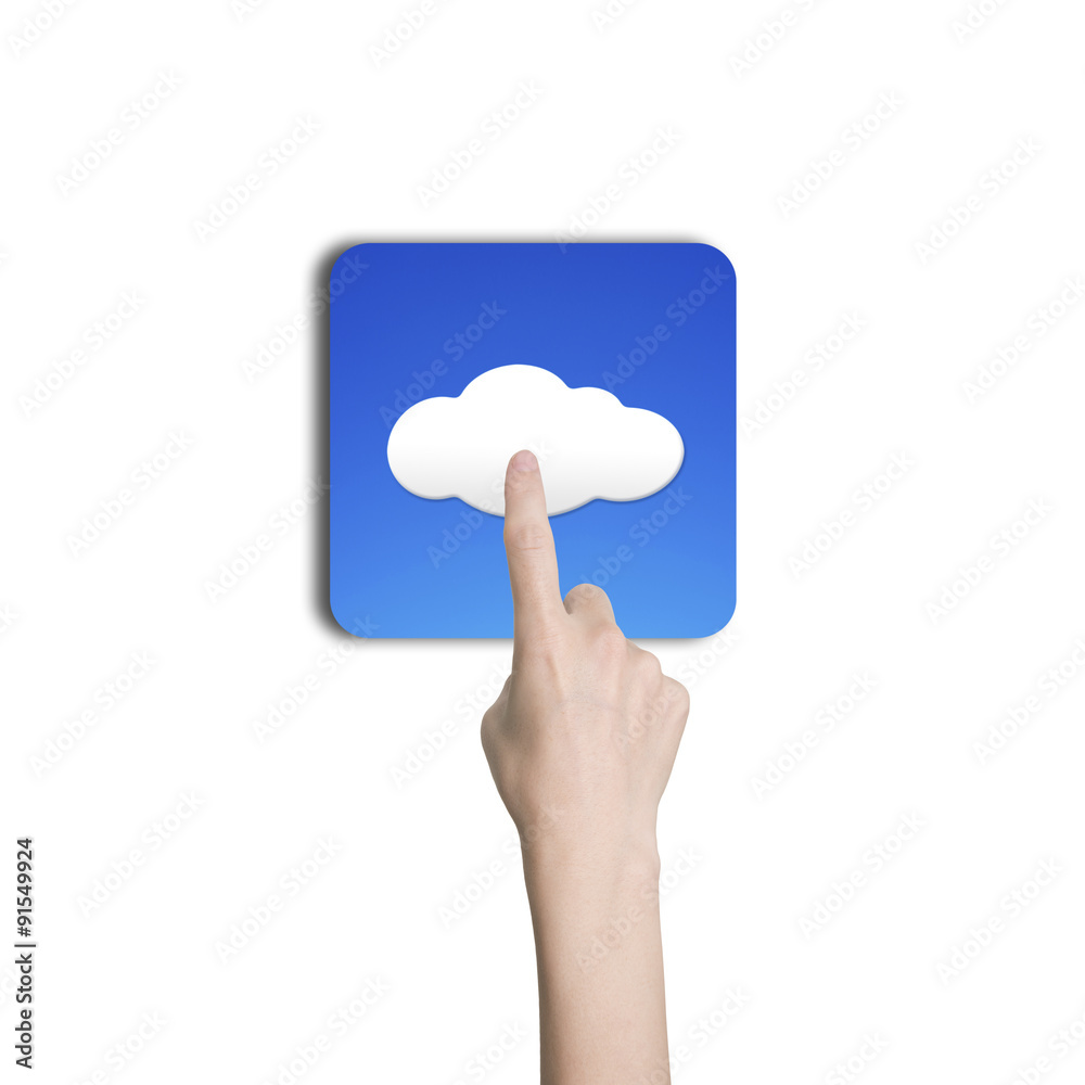 Woman hand index finger touching cloud icon button Woman hand index finger touching cloud icon button