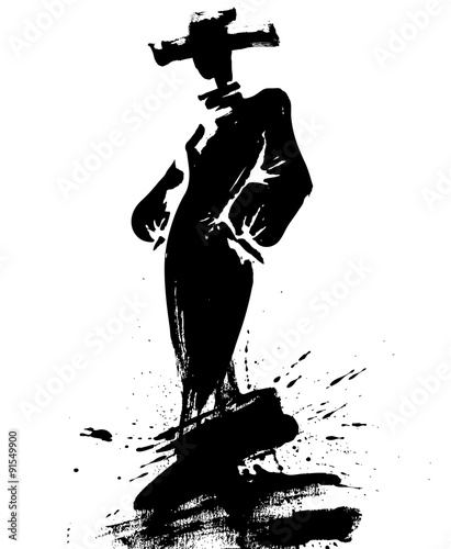 Fashion illustration a woman in long dress, ink.