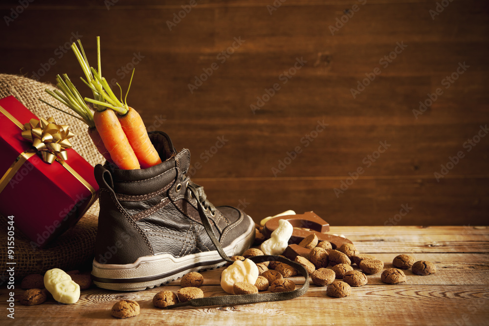 Shoe with carrots, traditional Dutch holiday 'Sinterklaas' Stock | Adobe Stock
