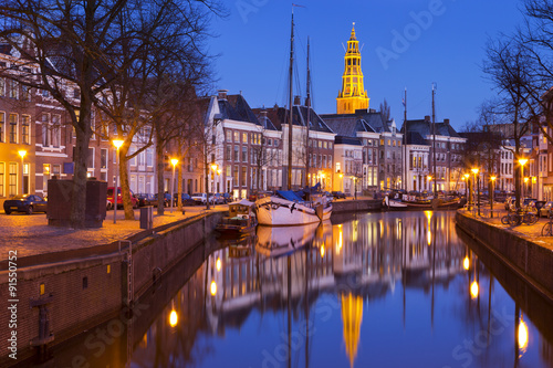 The city of Groningen, The Netherlands with A-kerk at night photo