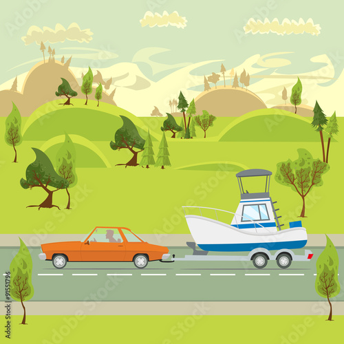 travel by car to the sea. boat on the trailer. towing a boat on the sea. transportation of boats. vector illustration.