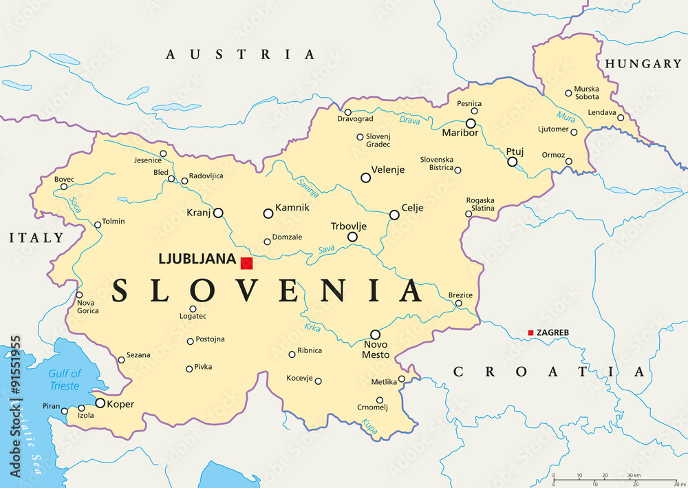 Fototapeta premium Slovenia political map with capital Ljubljana, national borders, important cities, rivers and lakes. English labeling and scaling. Illustration.