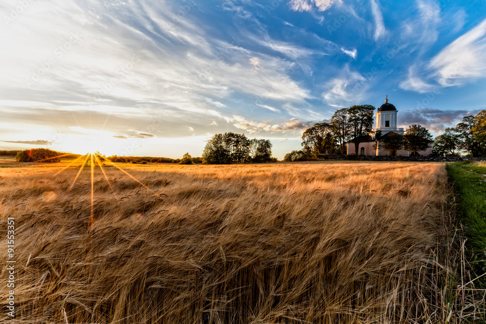 Fototapeta premium Autumn Sunset, Morby Church (Mörby Kyrka), Sweden
