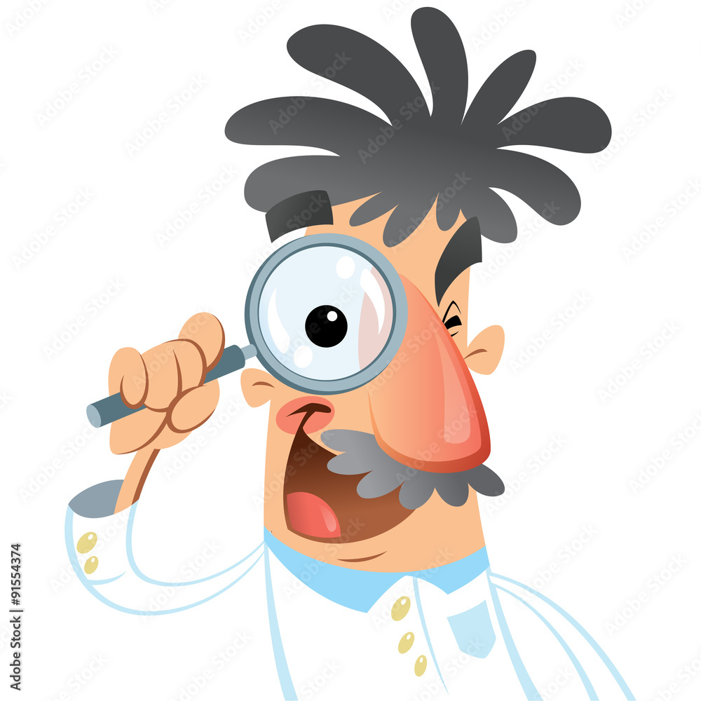 Cartoon happy smiling medical scientist looking through magnifyi Stock ...