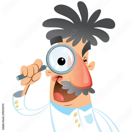 Cartoon happy smiling medical scientist looking through magnifyi photo