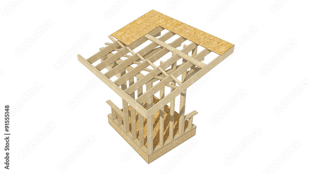 Three-dimensional image of a wooden frame house roof soffit. Cartoon conceptual image Three-dimensional image of a wooden frame house roof soffit. Cartoon conceptual image