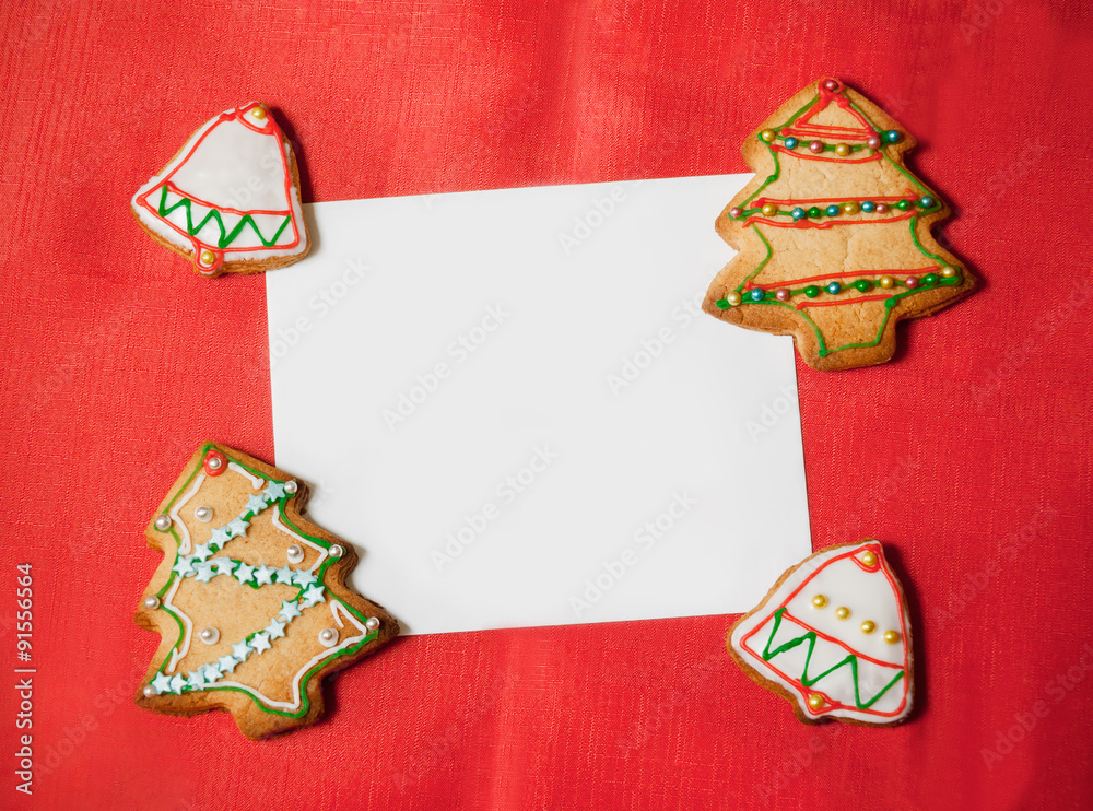 Homemade cookies on red background. Empty space for your text