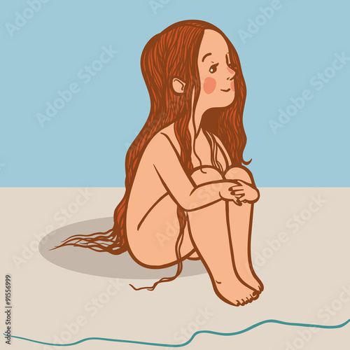 cute girl with long hairs dreaming on seaside