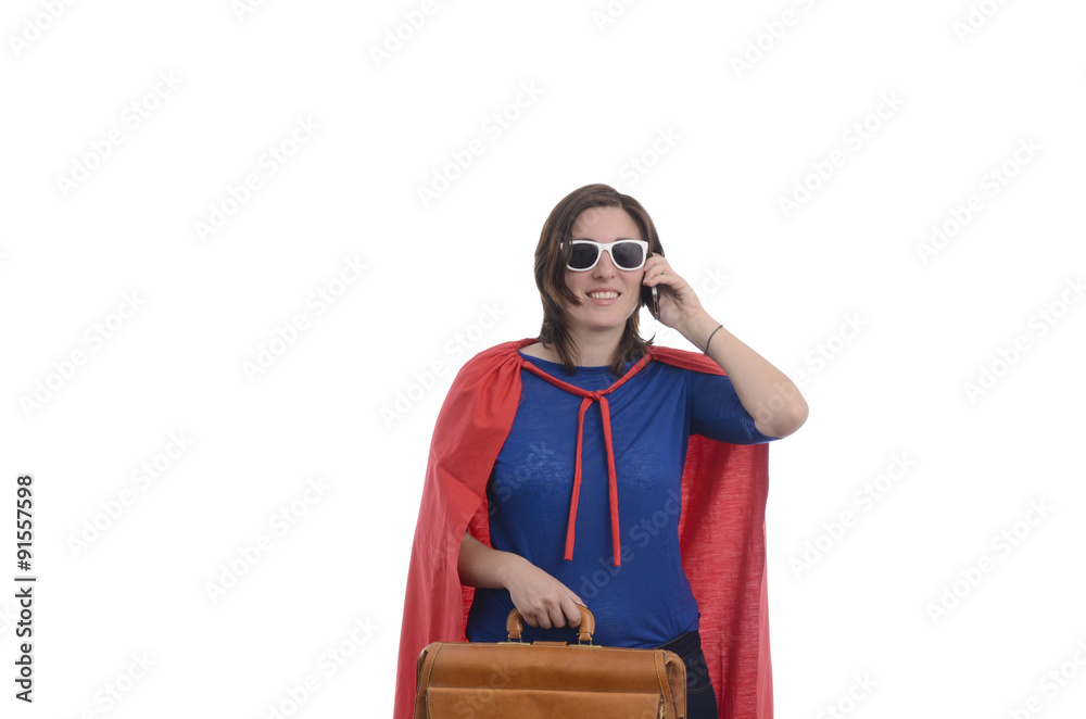 Woman superhero with red cape talking on the phone, white Woman superhero with red cape talking on the phone, white
