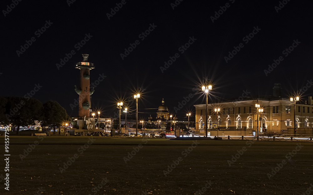Night view of Rostral Column in St. Petersburg
