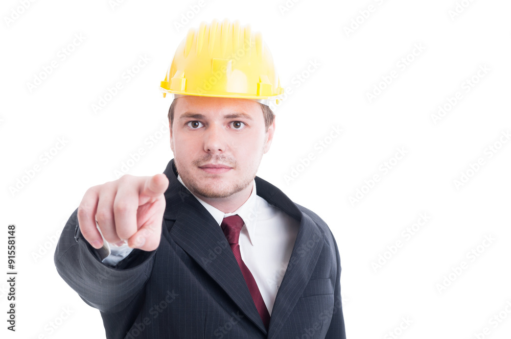 Constructions employer or contractor pointing finger to the came Constructions employer or contractor pointing finger to the came