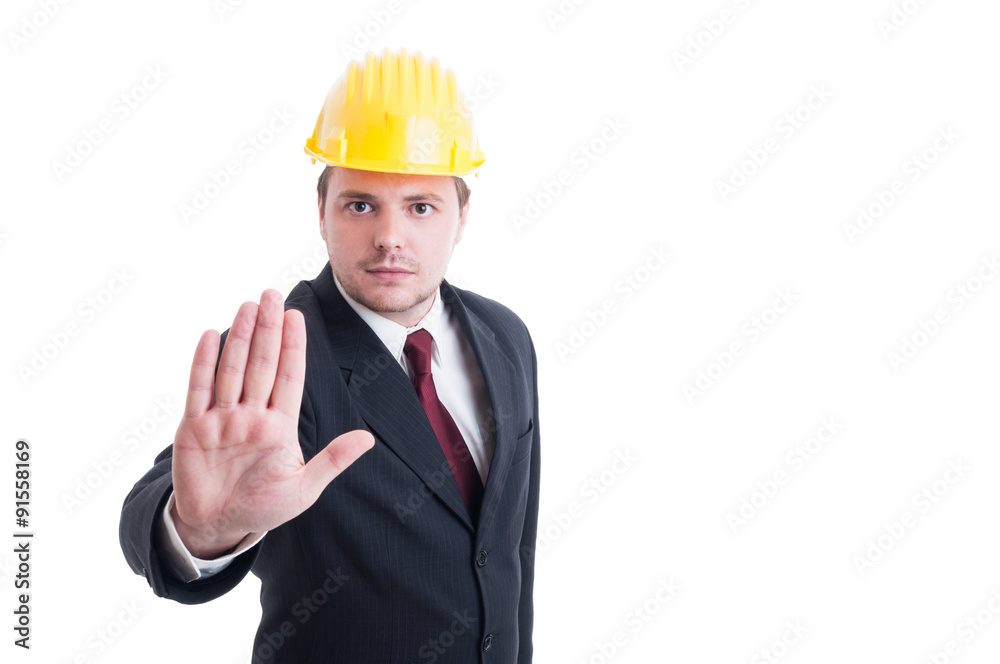 Engineer, architect or contractor showing stop and stay gesture Engineer, architect or contractor showing stop and stay gesture