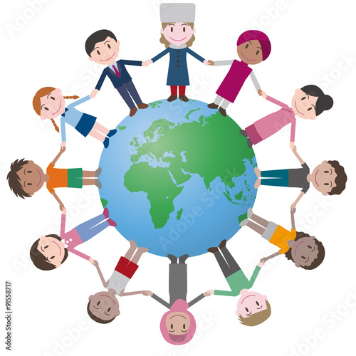 multicultural people around earth, holding hands.