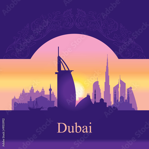 Dubai skyline silhouette on sunset background