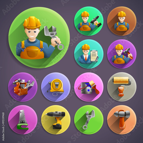 Construction remodeling round isometric icons collection 