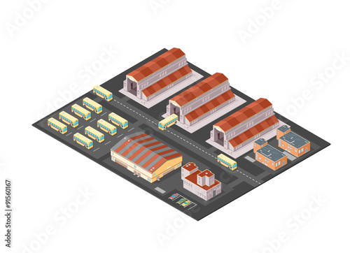 Isometric Bus Depot icon illustration - A vector illustration of an isometric bus depot. Public transportation bus pool for maintenance and vehicle repair. photo