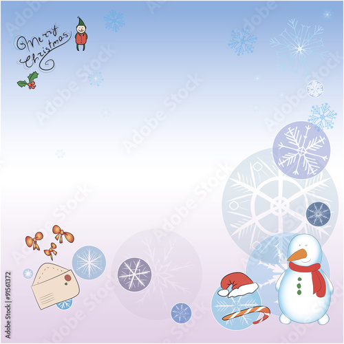 Christmas card with a snowman and elf without a hat. snowflakes, stars, Santa hat, snowman, envelope and the staff kept on separate layers - can be turned off.