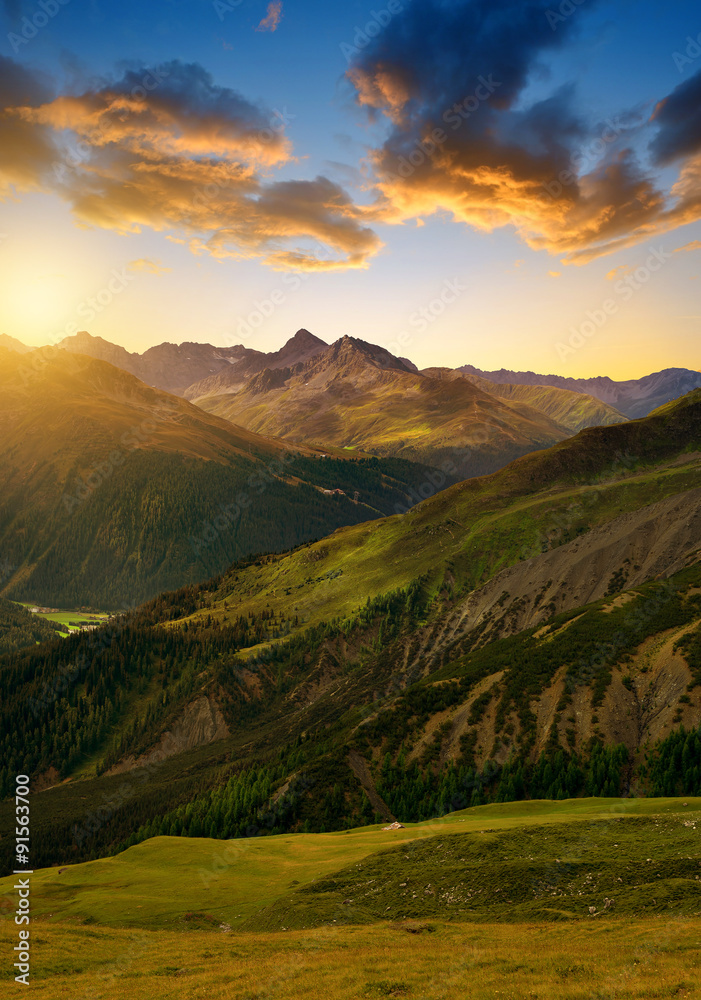 Beautiful alpine landscape at sunrise. Canton Graubunden, Switzerland