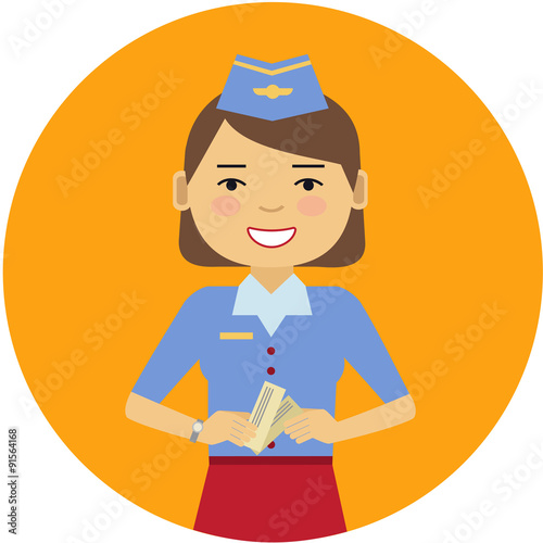 Smiling air hostess holding tickets
