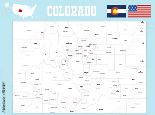 A large and detailed map of the State of Colorado with all counties and county seats photo