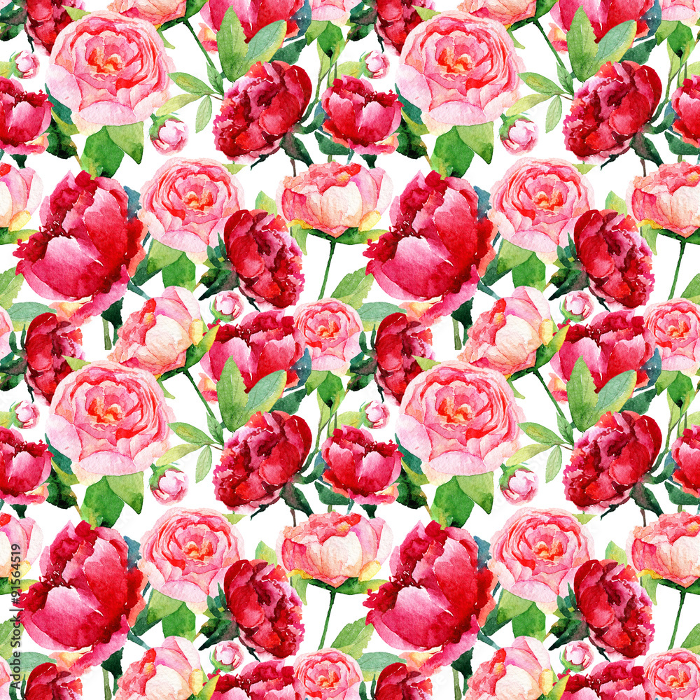 Seamless pattern with red, pink peonies, leaves.