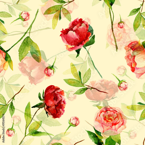 Seamless pattern with red  pink peonies  leaves.