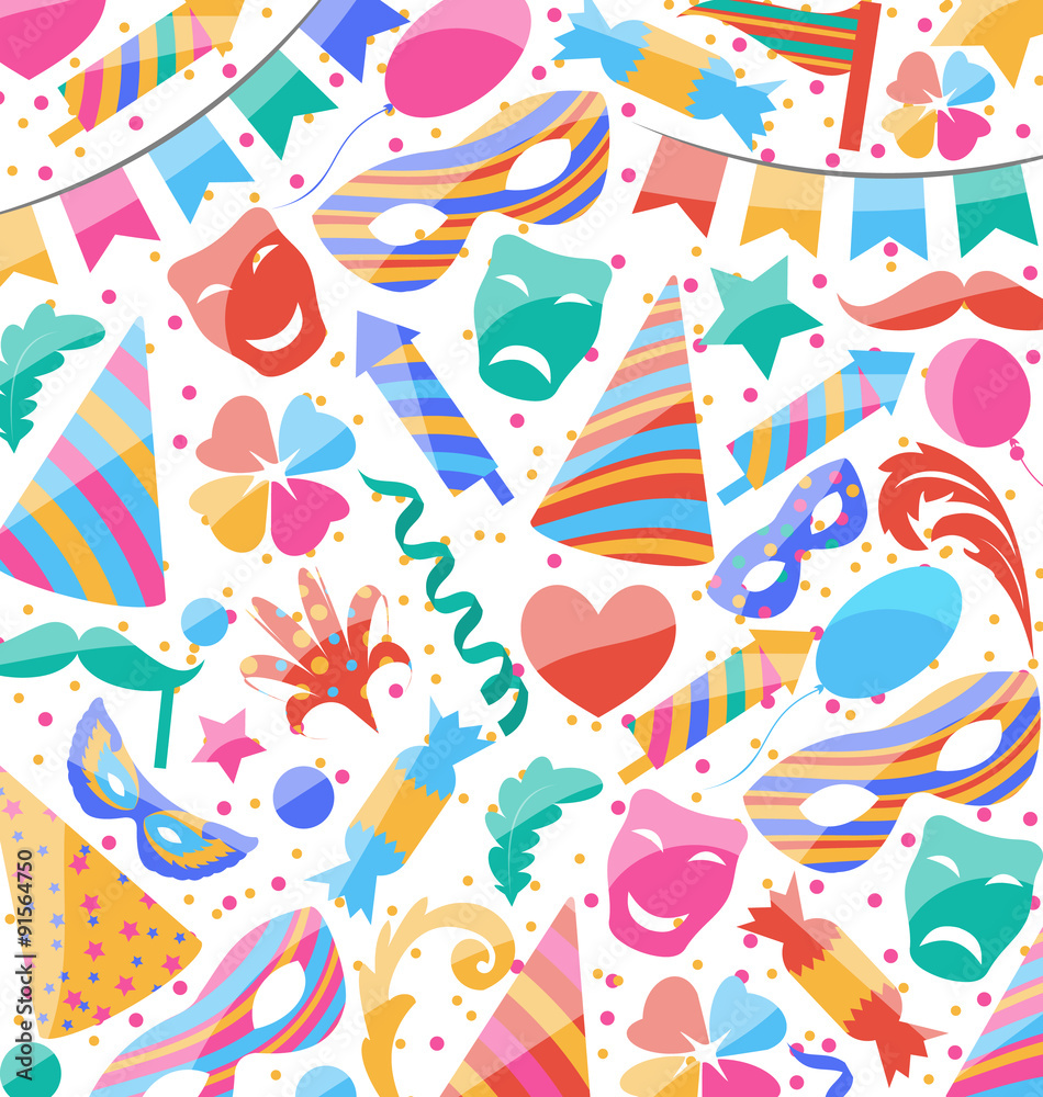 Festive wallpaper with carnival and party colorful icons and obj