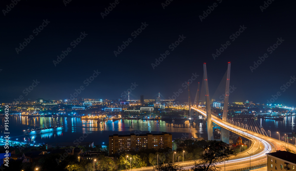 Vladivostok. Night view of Golden bridge. Russia