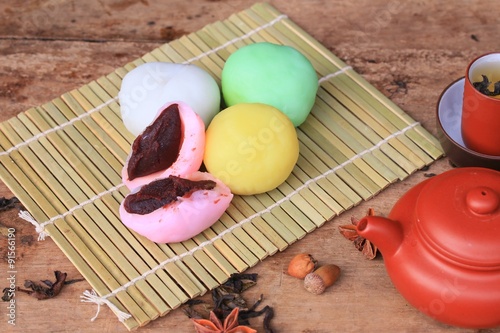 Mochi japanese dessert red bean colorful and hot tea