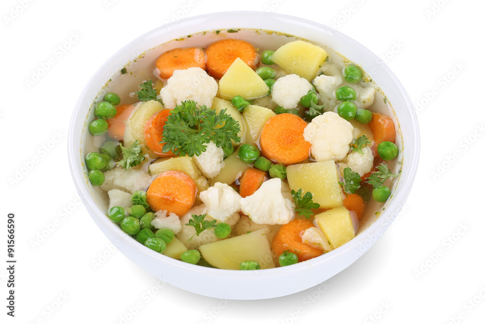 Gemüsesuppe Gemüse Suppe in Suppenschüssel Freisteller Gemüsesuppe Gemüse Suppe in Suppenschüssel Freisteller