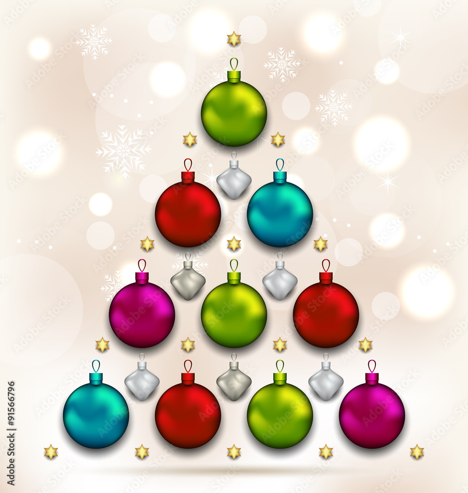 Christmas tree made of baubles, glowing background Christmas tree made of baubles, glowing background