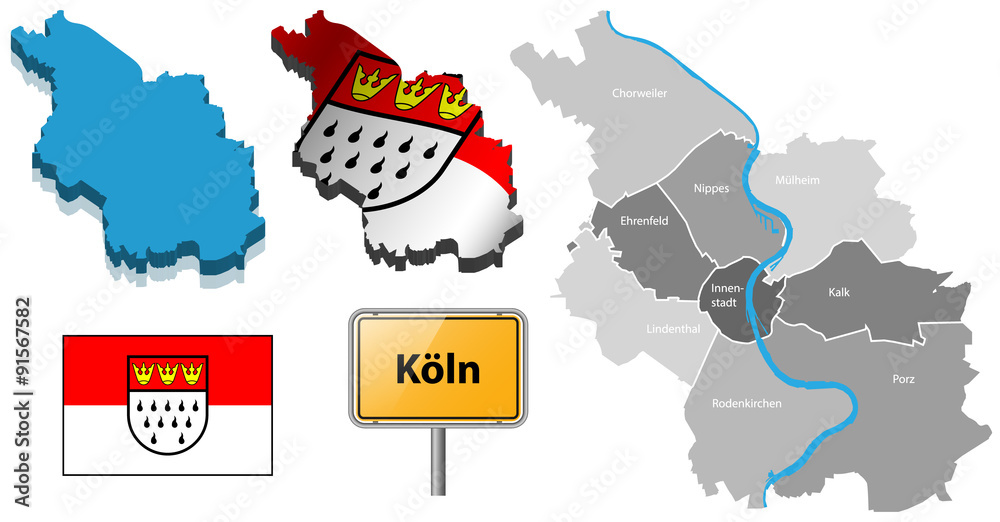 Köln Stadt Karte Stadtplan mit Flagge und Ortsschild Stock Vector ...
