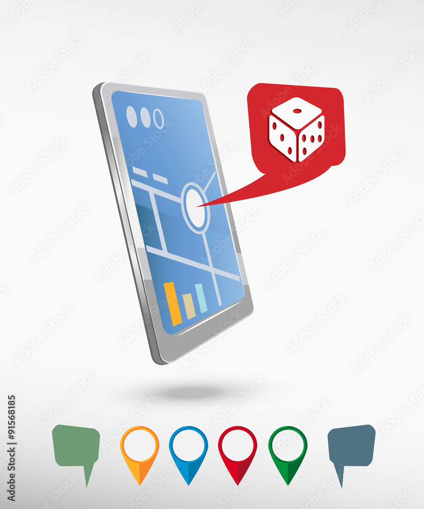 Gambling dice vector icon and perspective smartphone vector rea Gambling dice vector icon and perspective smartphone vector rea