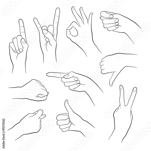 Human gestures. People hand signs. Woman hand outline isolated on white background. Ok, thumb up, thumb down, fig, victory, pointing finger, ign of the horns.