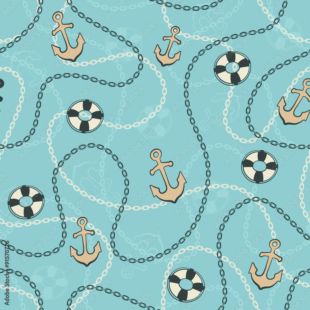 Fototapeta premium Marine seamless pattern. Sea ship anchors and chains background.