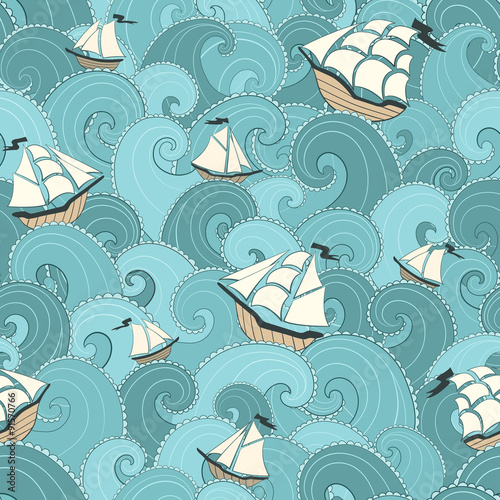 Marine background. Ships and waves sea .seamless pattern.