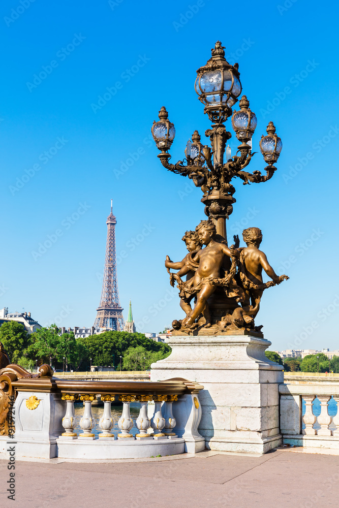 Fototapeta premium Pont Alexandre III Bridge (Lamp post details) and Eiffel Tower,