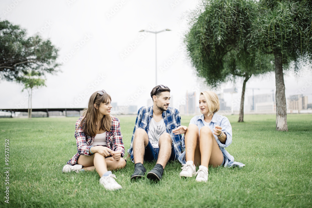 Obraz premium Happy group of friends on vacation, relaxed in a park