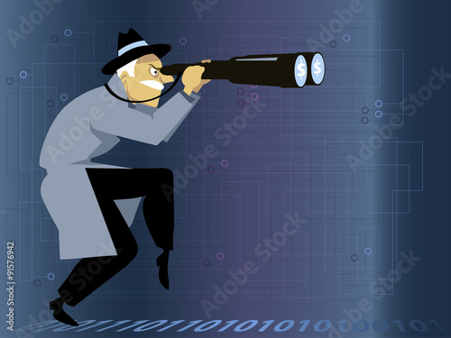 Cyber crime investigator. Man with a giant binoculars walking by a binary code line, stylized electric circuit on the background, no transparencies, no mesh, EPS 8 photo