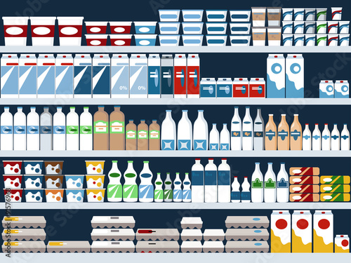 Grocery store shelves with dairy products display, vector background, EPS 8, no transparencies