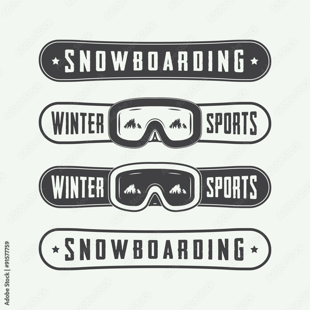 Vintage snowboarding logos, badges, emblems and design elements.