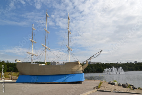 Decorative model of the three-mast sailing ship. Murmansk, city