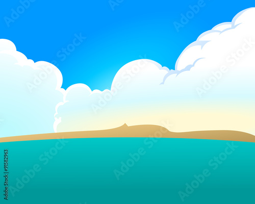 Great cumulus clouds and the sea with blue sky in the background. Empty space leaves room for design elements or text. Cartoon style.