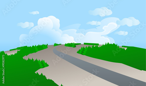 Road from a bird's-eye view, aiming for a horizon in forest landscapes, with the blue sky and clouds in the background. Empty space leaves room for design elements or text.