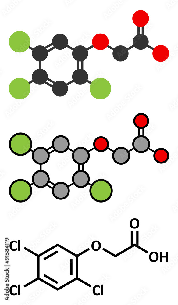 2,4,5-trichlorophenoxyacetic acid (2,4,5-T) herbicide molecule. 2,4,5-trichlorophenoxyacetic acid (2,4,5-T) herbicide molecule.