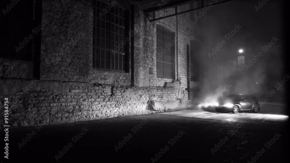 Shot of Arriving of Music Band at Night. Noir Film Style.